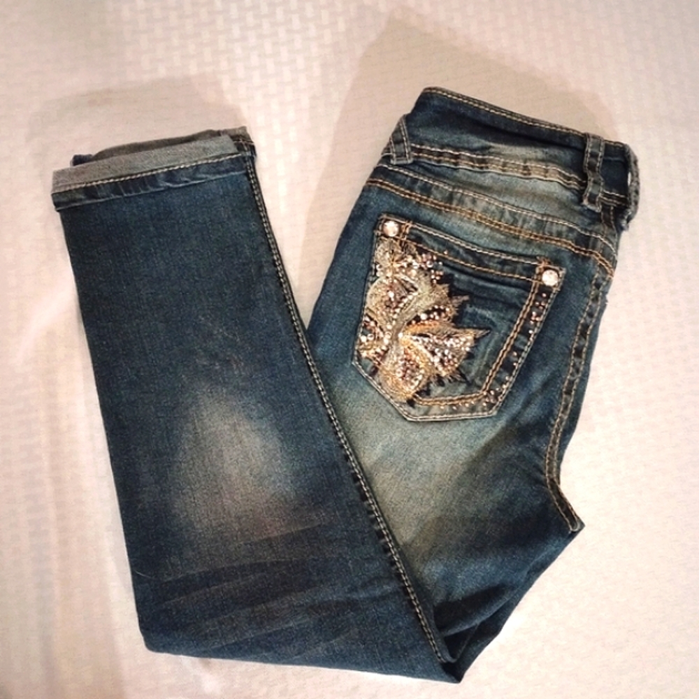 WALLFLOWER DISTRESSED cuffed SKINNY JEANS low-rise BLING POCKETS SZ 5